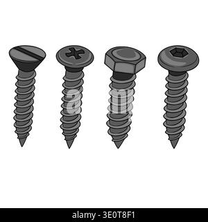 Set of four gray metal screws, isolated vector illustration Stock Vector