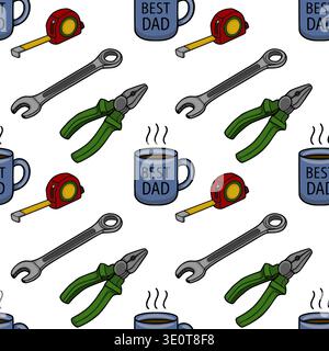 Father's Day vector pattern with tools and coffee mug, seamless illustration Stock Vector