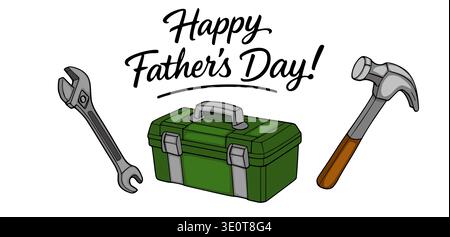 Happy Father's Day vector banner with tools, hammer, wrench and toolbox Stock Vector