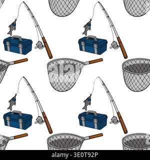 Seamless vector pattern of fishing gear, including a rod with a caught fish, a tackle box, and a net, on a white background. Stock Vector
