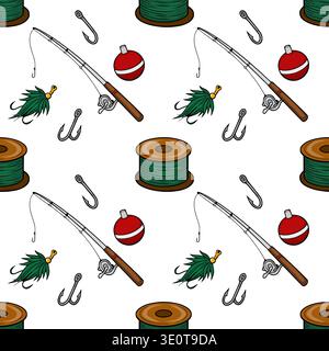 Seamless vector pattern of fishing gear, showcasing rods, hooks, spools of line, and bobbers. Stock Vector