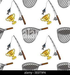 Seamless vector pattern of fishing gear and "Best Dad" trophy illustration Stock Vector