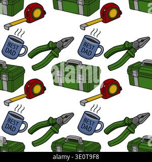 Father's Day vector pattern with tools and coffee mug Stock Vector