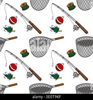 Seamless vector pattern of fishing gear with fishing rods, nets, tackle, and bait Stock Vector