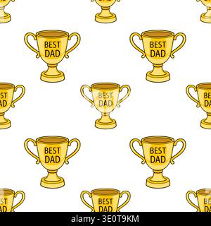Seamless pattern of golden "Best Dad" trophy illustrations on a white background, vector Stock Vector