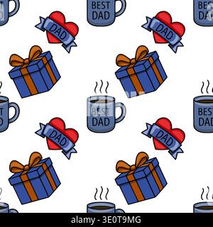 Father's Day vector pattern: blue gift boxes, steaming mugs, and red hearts with 'DAD' ribbons Stock Vector