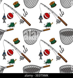 Seamless vector pattern of fishing gear, including rods, nets, hooks, and lures, on a white background. Stock Vector