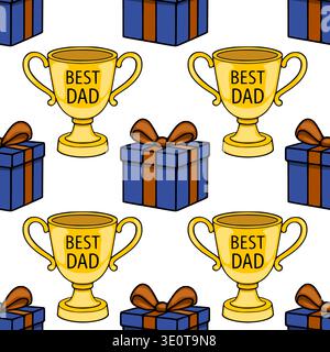 Seamless vector pattern of golden "Best Dad" trophies and blue gift boxes with brown ribbons, celebrating fatherhood. Stock Vector