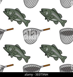 Seamless pattern vector illustration of bass fish and fishing nets, perfect for textile, fabric, and wrapping paper designs. Stock Vector