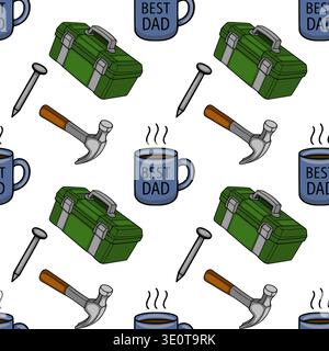 Seamless vector pattern of a toolbox, hammer, nail, and "Best Dad" coffee mug for Father's Day Stock Vector