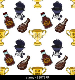 Seamless vector pattern of BBQ grill, steak, BBQ sauce, and "Best Dad" trophies Stock Vector