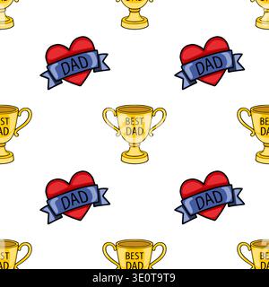 Festive Father's Day vector pattern with golden trophy and heart badges celebrating dad Stock Vector