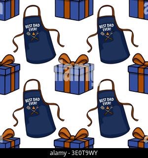 Seamless vector pattern of blue aprons with "Best Dad Ever!" text and grilling tools, interspersed with blue gift boxes with orange ribbons, on a whit Stock Vector