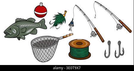 Set of colorful vector fishing equipment illustrations, including a bass fish, rods, net, lures, bobber, hooks, and line spool. Stock Vector