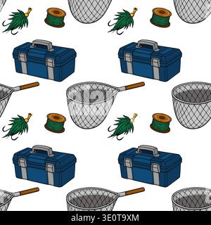 Seamless vector pattern of fishing tackle, including tackle boxes, fishing nets, and lures, on a white background. Stock Vector