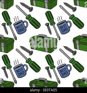 Father's Day vector pattern with toolboxes, screwdrivers, screws, and "Best Dad" mug Stock Vector