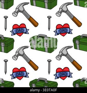 Seamless vector pattern of toolbox, hammer, nail, and heart with "DAD" ribbon, Father's Day theme Stock Vector