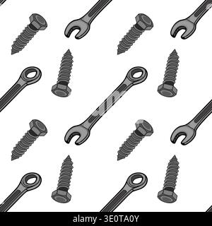 Seamless vector pattern of grey screws and wrenches on a white background Stock Vector