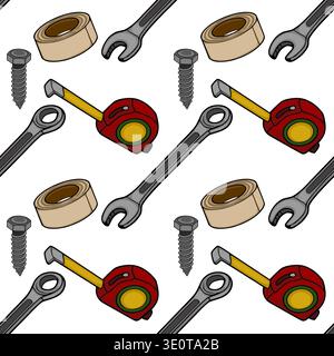 Seamless vector pattern of tools and hardware, tape measure, wrench, bolt, and tape roll Stock Vector