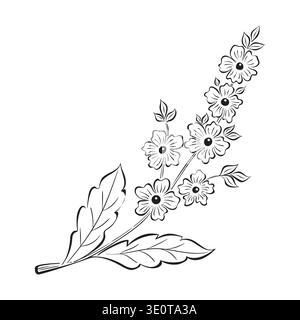 Vector flower floral black silhouette hand drawn. Botanical illustration on white background. Elegant spring nature element with leaves, flowers Stock Vector