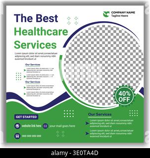 Healthcare services social media post banner template with green and blue color theme Stock Vector