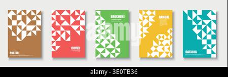 Collection of bright color posters with mosaic geometric shapes. Vector modern digital textured placards, brochures, banners, backgrounds, cards Stock Vector