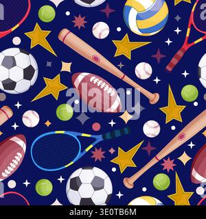 Vector sport seamless pattern. Baseball bat, tennis racket, balls for soccer, American football, volleyball and stars on blue background. Design for w Stock Vector
