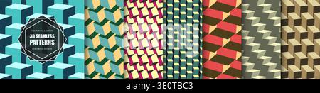 Collection of seamless geometric 3d abstract patterns. Bright color isometric optical structure repeatable vector backgrounds. Decorative blocks and Stock Vector