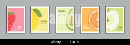 Collection of colorful summer posters, templates, backgrounds placards, brochures, banners, flyers and etc. Bright fruits artwork covers. Vibrant Stock Vector
