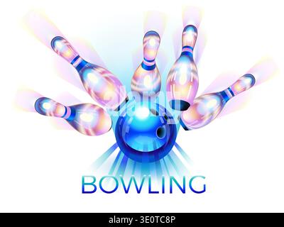 Bowling game with blue ball and a rainbow effect on pins, hand-drawn vector illustration with transparencies Stock Vector