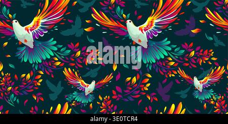 The colorful bird of peace, the dove Seamless pattern for fabric. hand drawing dark background. Not AI. Vector illustration Stock Vector