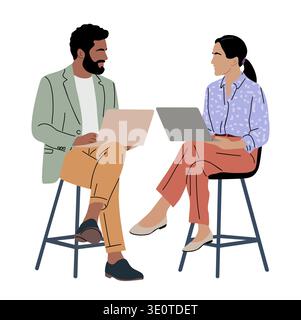 Two professionals sit on stools, using a laptop Stock Vector