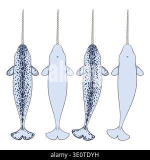 Set of colored illustrations animal narwhal. Isolated vector objects on white background. Stock Vector