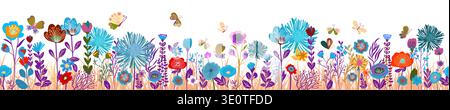 Horizontal abstraction seamless banner decorated with blooming flowers and leaves. Spring floral backdrop with butterflies. Flat vector illustration Stock Vector