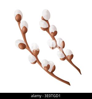 Willow branches with fluffy catkins. Flat vector illustration. Spring decorative plant object for Easter greeting cards, church designs, floral Stock Vector