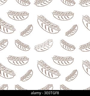 Hot dogs with mustard and ketchup in a seamless pattern. Vector illustration in engraved style. Fast food background for packaging, wrapping, menu Stock Vector