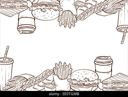 Fast food border with burger, sandwich, hot dog, fries and takeaway drinks. Hand drawn vector illustration in pen and ink style. Street food set Stock Vector