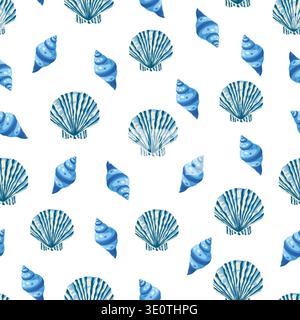 Seashells seamless pattern. Flat vector clipart, illustration with isolated background. Stock Vector