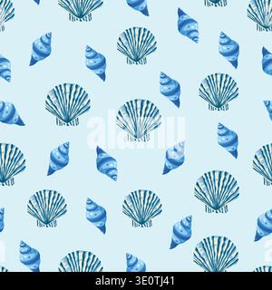 Seashells seamless pattern. Flat vector clipart, illustration with isolated background. Stock Vector