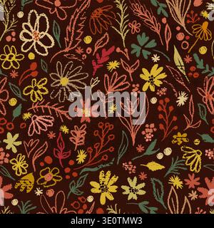 Seamless dark background autumn flowers. hand drawing. Not AI, Vector illustration Stock Vector