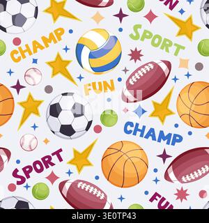 Vector seamless pattern with words sport, fun, champ and sports balls. Soccer, American football, baseball, basketball, tennis, ball and stars backgro Stock Vector