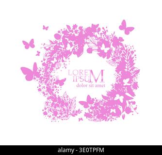 Abstract round frame with pink flowers and butterflies . hand drawn. Not AI, Vector illustration Stock Vector