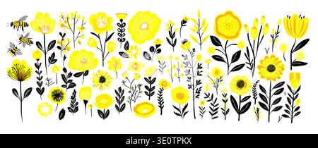 Set of hand drawn yellow flowers, leaves and branches. Not AI, Vector illustration Stock Vector