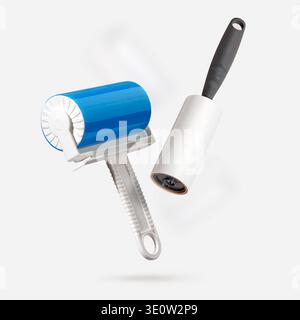 Reusable blue lint roller and disposable paper lint roller levitation on light gray background. Concept of sustainable cleaning alternative, zero wast Stock Photo