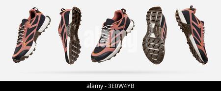 Flying black pink unisex sneakers from different sides on gray background. Creative concept of sports casual shoes. Sole with tread for hiking, city t Stock Photo