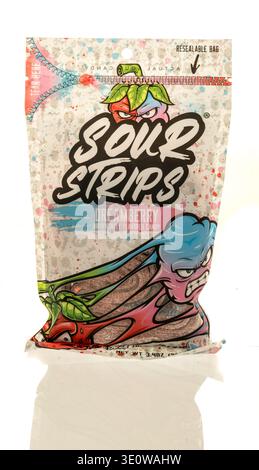 Winneconne, WI - 7 March 2026: A package of sour strips candy on an isolated background. Stock Photo