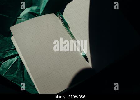 Open dotted notebook with a green transparent pen on wrinkled paper. Minimalist stationery aesthetic, moody shadows, creative journaling, top-down fla Stock Photo