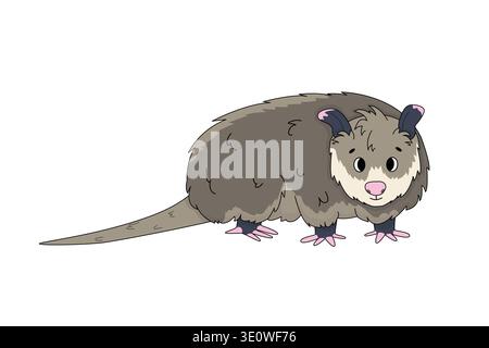Cute cartoon opossum with fluffy fur isolated on white background vector art design. Hand drawn illustration Stock Vector