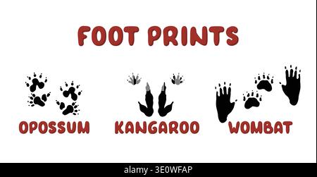 Australian animal footprints set with opossum kangaroo and wombat tracks icons. Vector isolated illustrations of silhouettes of paws Stock Vector