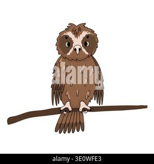 Cute vector brown owl mopoke cartoon perched on branch isolated on white background. Hand drawn illustration Stock Vector
